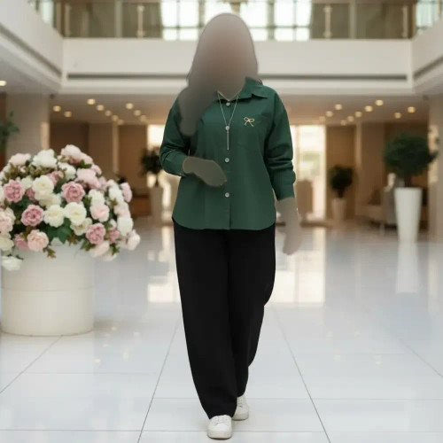 شومیز لنین پاپیون زنانه فری سایز با جیب گلدوزی شده