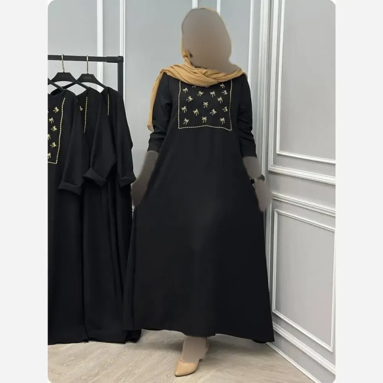عبا زنانه مدل پاپیونی گلدوزی شده جنس شانتون رنگ مشکی سایز 38 تا 48