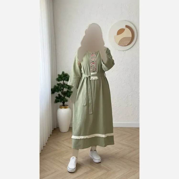 کفتان زنانه نوار کنفی جنس موسلین دبل فیس خارجی فری سایز