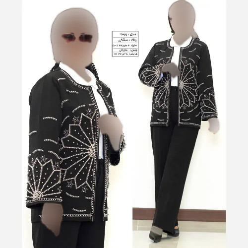 کت زنانه مجلسی مدل ورسا جنس سوپر مازراتی آستردار مشکی با خرجکار نگین و مروارید پانچی سایز 38 تا 60