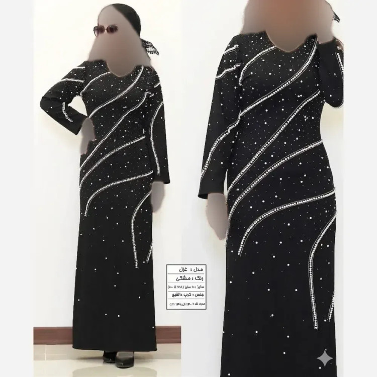 پیراهن مجلسی زنانه مدل غزل جنس کرپ دالقیچ مشکی با خرجکار نگین و مروارید سایز 38 تا 60