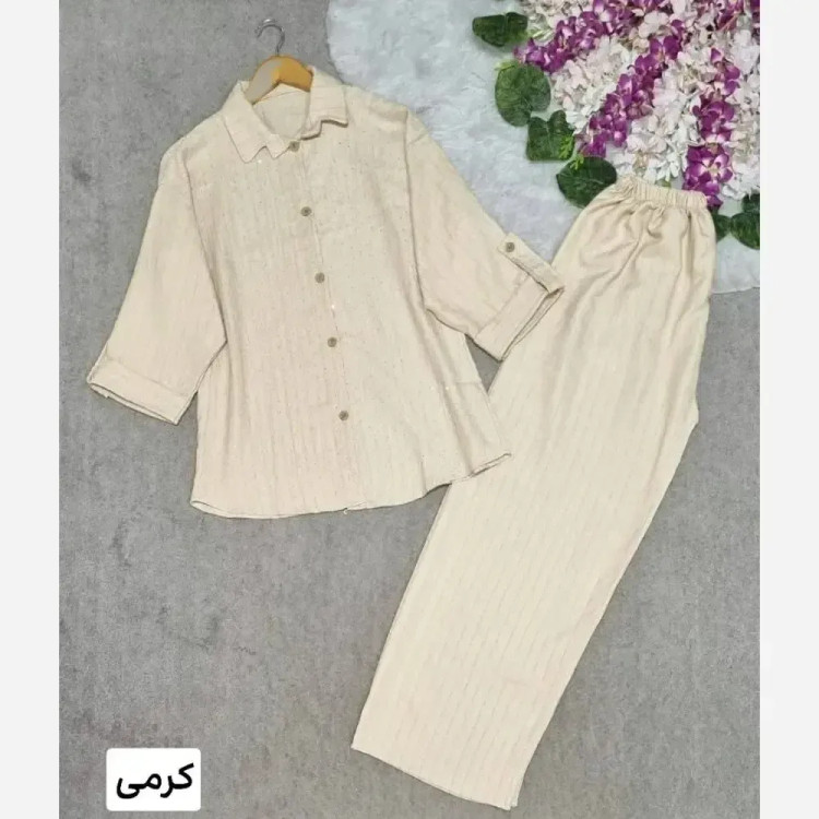 ست شومیز و شلوار زنانه نگینی مدل نانسی جنس شانتون رنگ کرمی فری سایز 36 تا 46