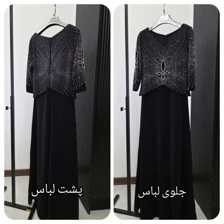پیراهن مجلسی زنانه کرپ لمه مدل نفس مشکی سایز 38 تا 60 با خرجکار نگین و مروارید