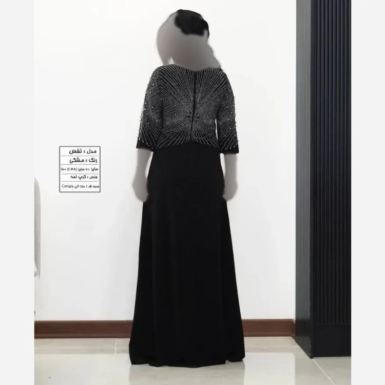پیراهن مجلسی زنانه کرپ لمه مدل نفس مشکی سایز 38 تا 60 با خرجکار نگین و مروارید