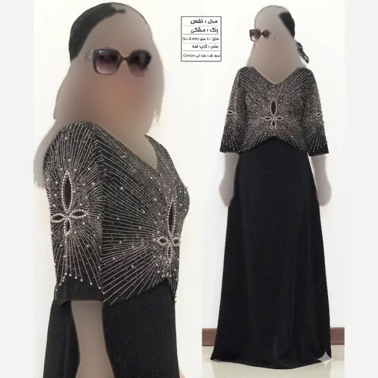 پیراهن مجلسی زنانه کرپ لمه مدل نفس مشکی سایز 38 تا 60 با خرجکار نگین و مروارید