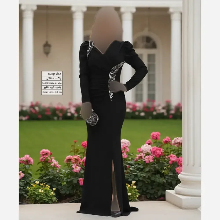 پیراهن زنانه مجلسی کرپ دالقیچ مشکی نگیندار سایز بزرگ