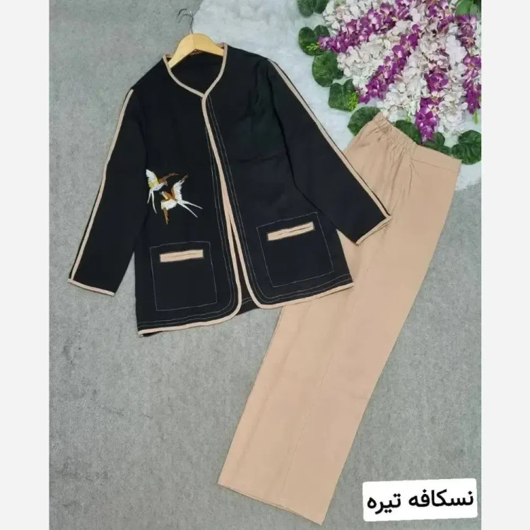 ست کت و شلوار زنانه مدل پرستو جنس مازراتی با شلوار بگ و گلدوزی کت سایز 36 تا 46
