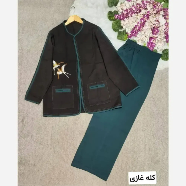 ست کت و شلوار زنانه مدل پرستو جنس مازراتی با شلوار بگ و گلدوزی کت سایز 36 تا 46