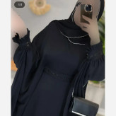 عبای زنانه مدل نازگل جنس کرپ الیزه با کمربند ملیله دوزی شده مشکی