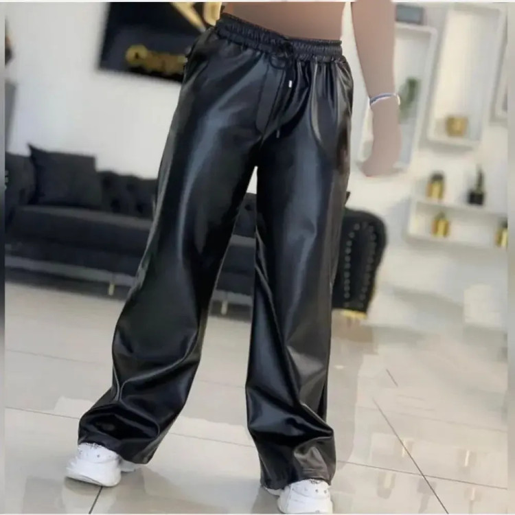 شلوار بگ چرم زنانه مشکی داخل کرک سایز 3XL