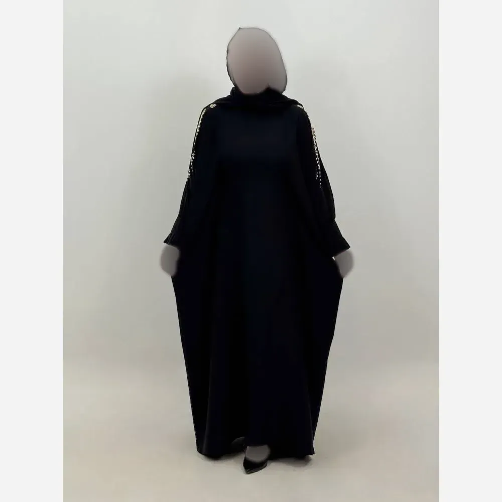 عبای زنانه مجلسی مشکی سرشونه طلایی جنس الیزه فری سایز 38 تا 60