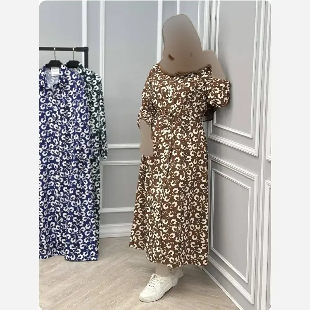 پیراهن ساحلی نخی زنانه مدل نازبانو فری سایز کمربند دار