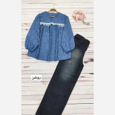شومیز مانتویی لینن کنفی وارداتی طرح مکرومه رنگ آبی فری سایز تا 50