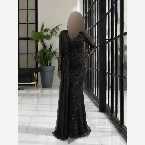 پیراهن مجلسی زنانه مدل صنوبر جنس حریر شاین برجسته و تور قد 160
