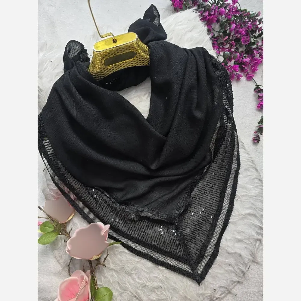 روسری مزونی مشکی طرح درختی حاشیه پولک و دانتل دوزی سایز 100 در 100