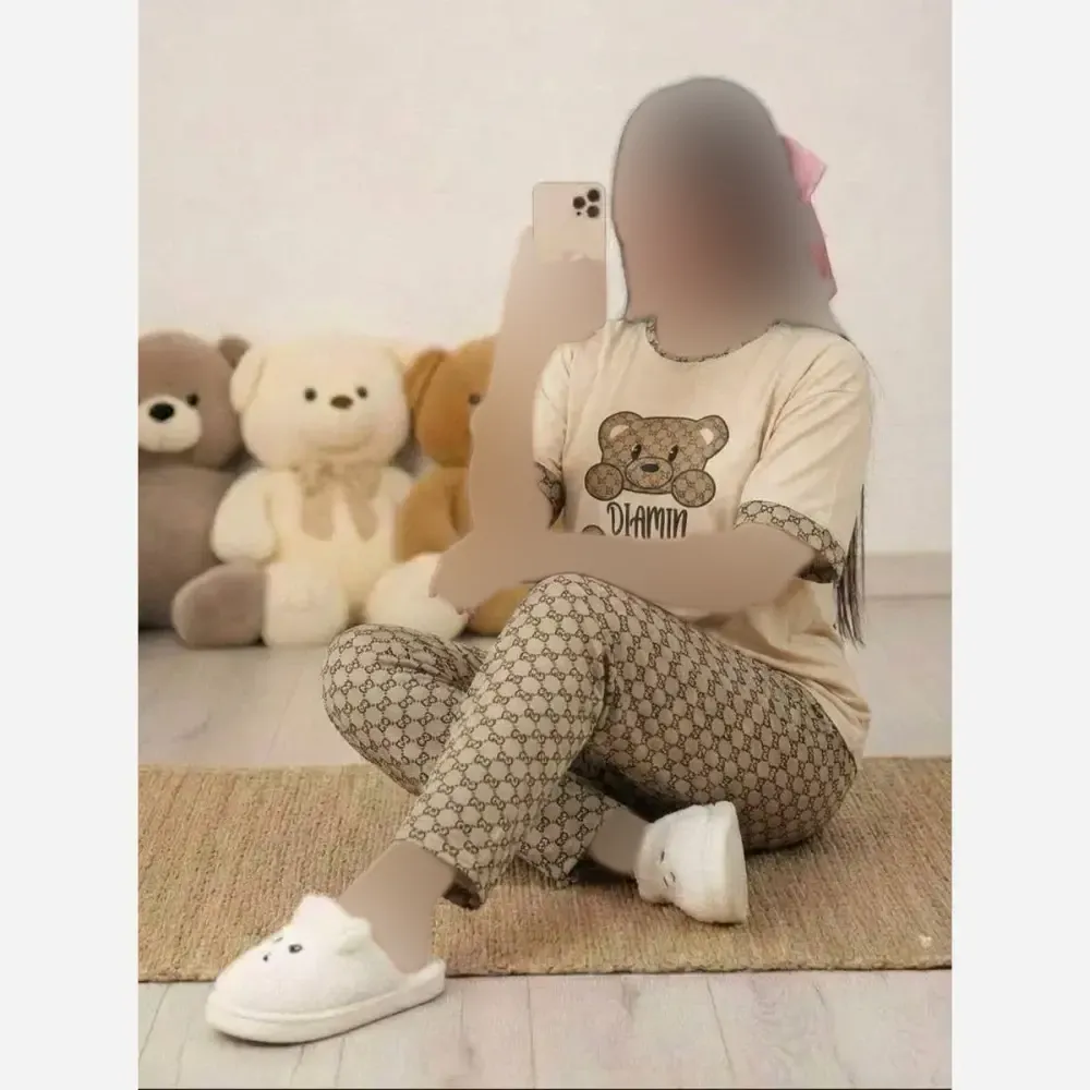 ست تیشرت و شلوار زنانه مدل نسترن جنس پنبه گلکسی رنگ نسکافه ای فری سایز 38 تا 46