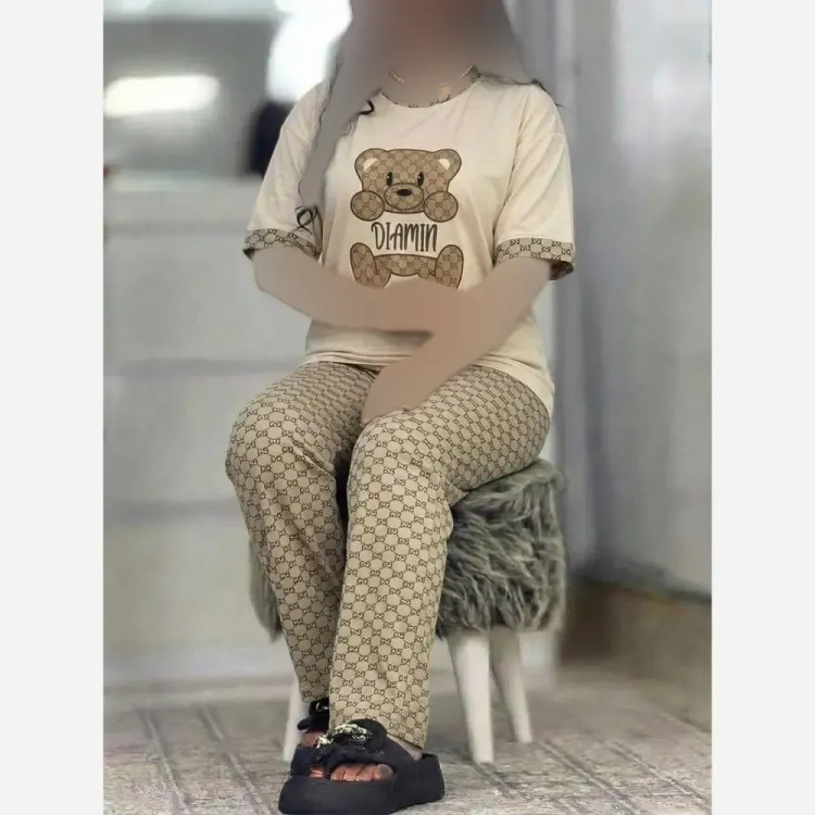ست تیشرت و شلوار زنانه مدل نسترن جنس پنبه گلکسی رنگ نسکافه ای فری سایز 38 تا 46