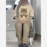 ست تیشرت و شلوار زنانه مدل نسترن جنس پنبه گلکسی رنگ نسکافه ای فری سایز 38 تا 46