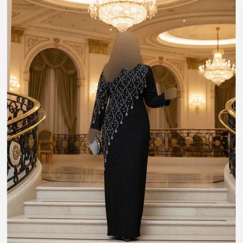 پیراهن مجلسی زنانه مدل تندیس جنس کرپ دالقیچ مشکی با خرجکار نگین و مروارید سایز 38 تا 60
