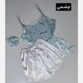 ست خواب زنانه ساتن الیکس ابریشم طرحدار به همراه اسکرانچی فری سایز