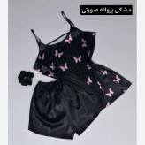 ست خواب زنانه ساتن الیکس ابریشم طرحدار به همراه اسکرانچی فری سایز