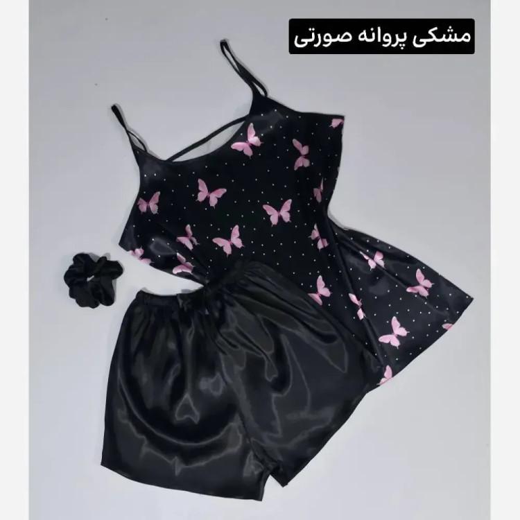 ست خواب زنانه ساتن الیکس ابریشم طرحدار به همراه اسکرانچی فری سایز
