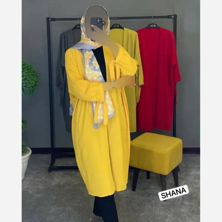 مانتو زنانه آستین گره ای جنس ابروبادی رنگ خردلی فری سایز