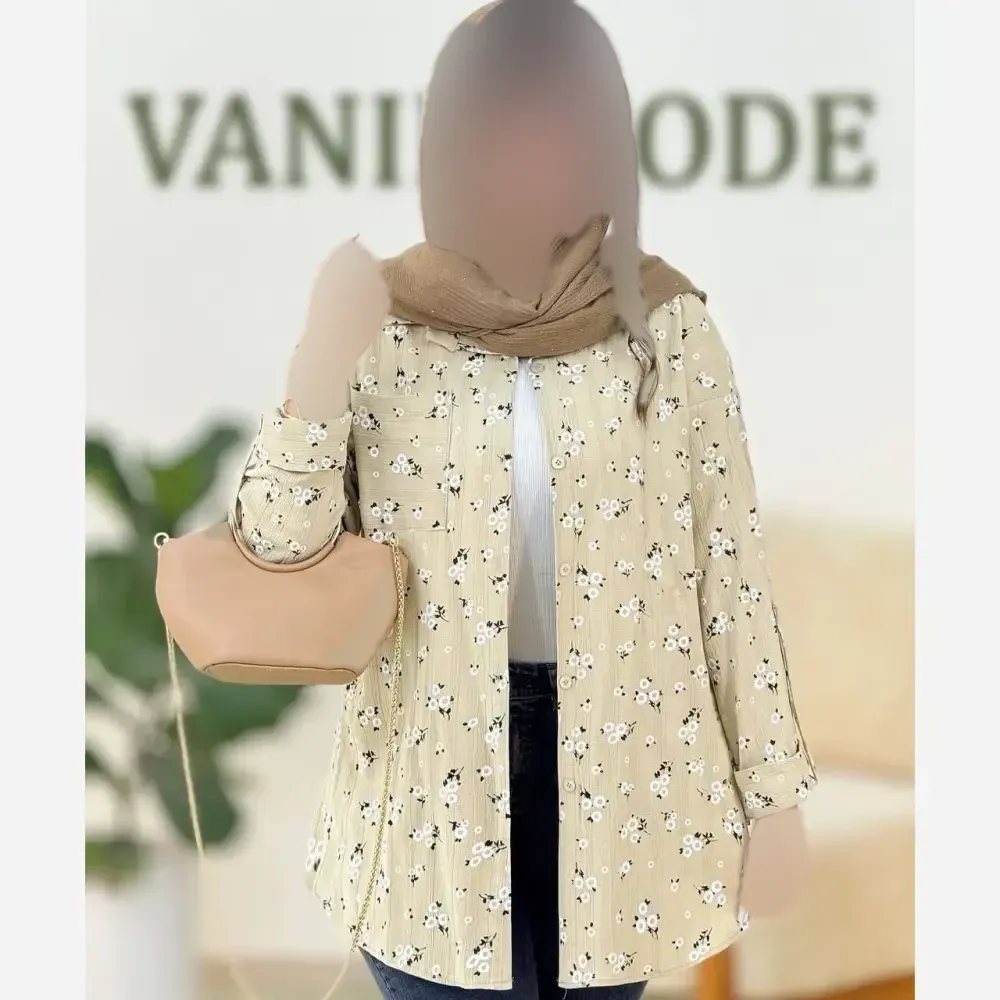 تونیک مانتویی زنانه مدل تاج گل جنس کراش رنگ خاکی فری سایز