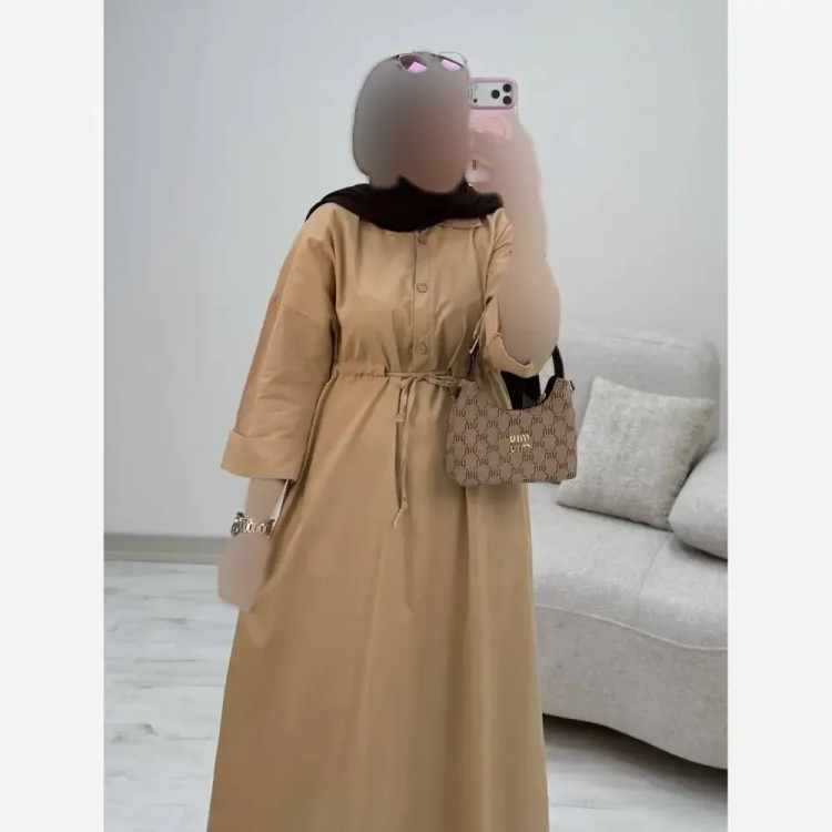 پیراهن لنین زنانه رنگ کرم فری سایز 38 تا 46