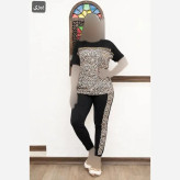 ست تیشرت و شلوار زنانه مدل زویا جنس فلامنت الیزه فول کش نگیندار فری سایز