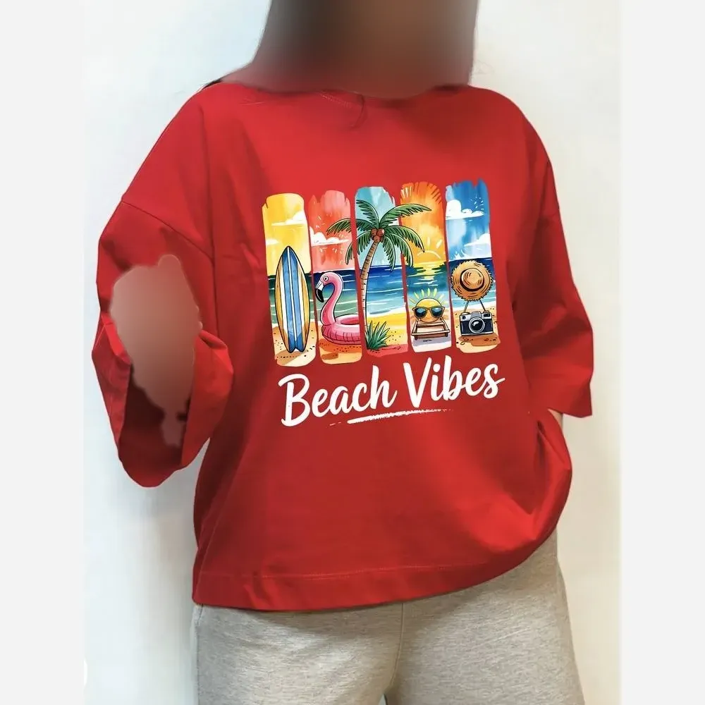 تیشرت باکسی زنانه طرح beach vibes جنس پنبه سوپرنخ فری سایز
