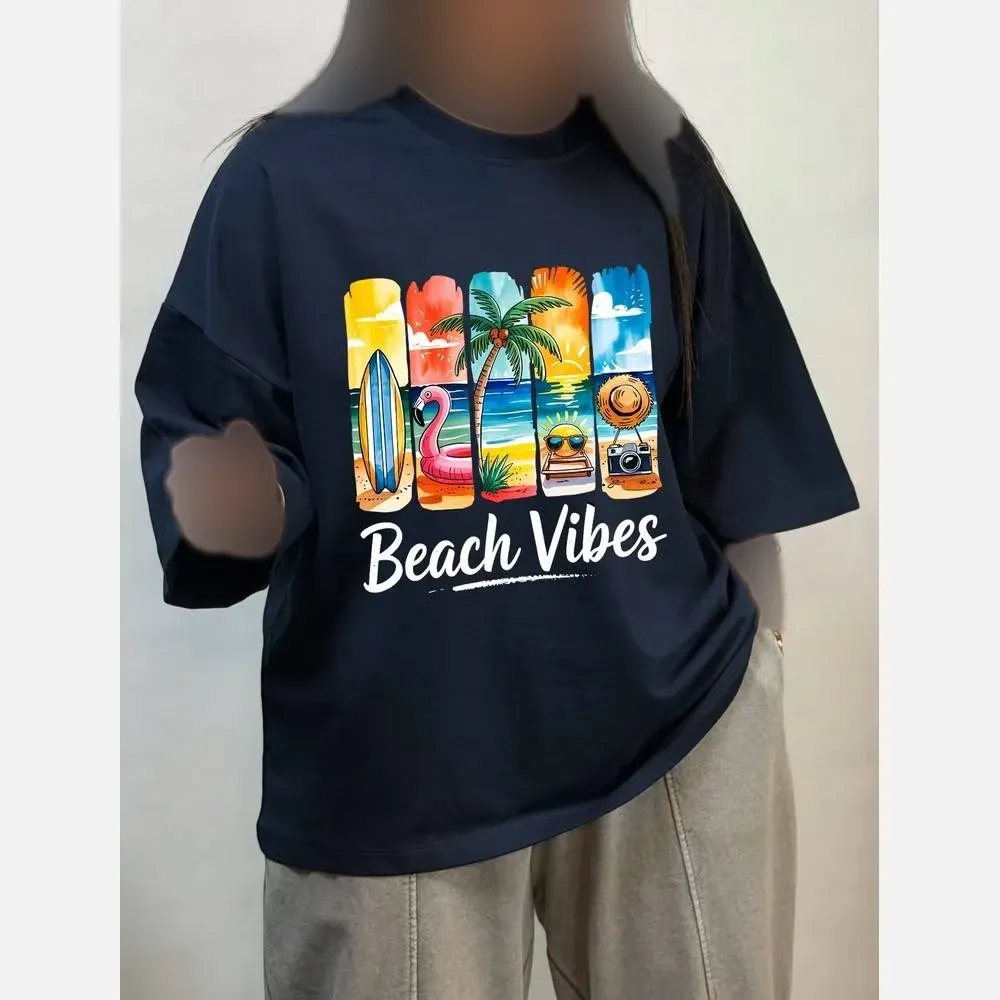 تیشرت باکسی زنانه طرح beach vibes جنس پنبه سوپرنخ فری سایز