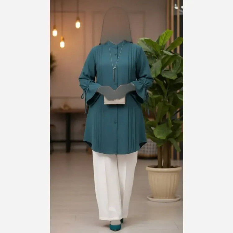 مانتو داکرون آستین شیپوری بنددار چهار پیله زنانه