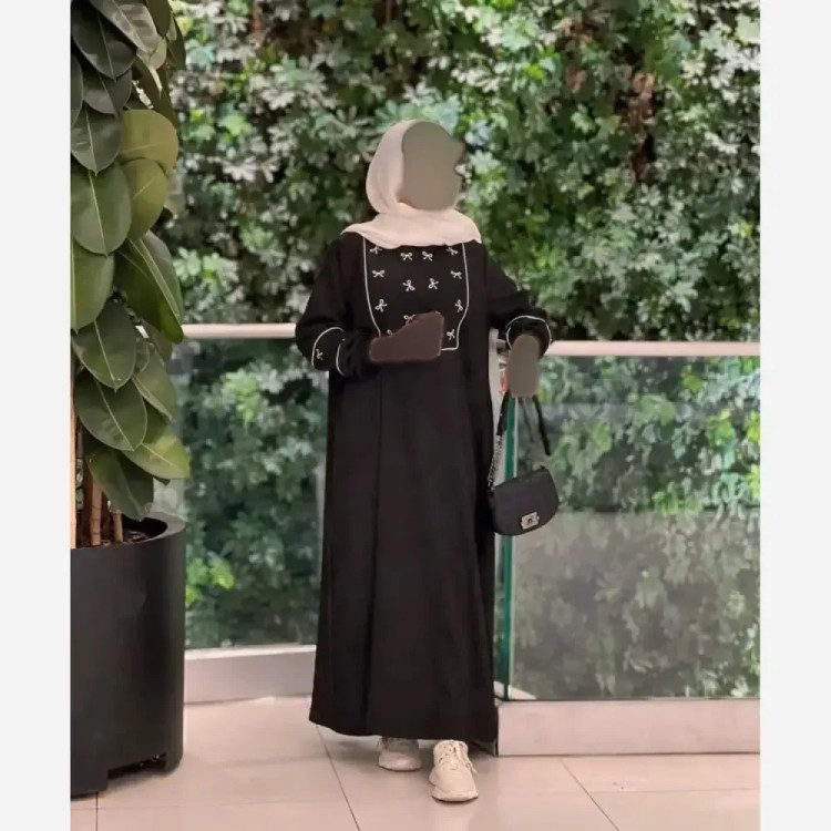 پیراهن زنانه لنینت طرح گلدوزی شده مدل پاپیون فری سایز