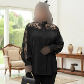 شومیز زنانه کرپ الیزه مدل شیفته مشکی با خرجکار نوار قلاب بافی و تور سایز 38 تا 60