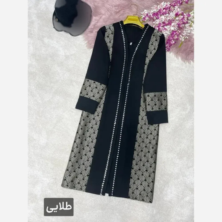 مانتو مجلسی زنانه مدل صدف جنس کرپ مازراتی با خرجکار تافته رنگ طلایی سایز 38 تا 50