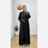 پیراهن زنانه گلدوزی شده جنس شانتون رنگ مشکی فری سایز مناسب تا 48