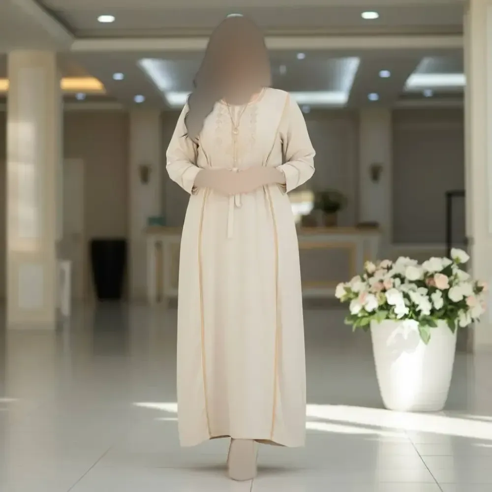 پیراهن نخی گلدوزی شده زنانه فری سایز رنگ استخوانی