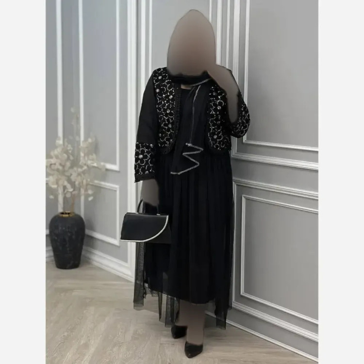ست سه تیکه زنانه مدل سوده جنس کت کرپ مازراتی و دامن تور مشکی فری سایز 38 تا 46