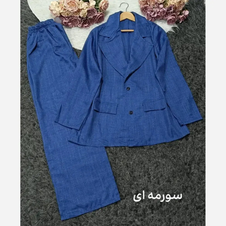 کت و شلوار زنانه مدل شهره جنس شانتون دیپلمات فری سایز با شلوار بگ