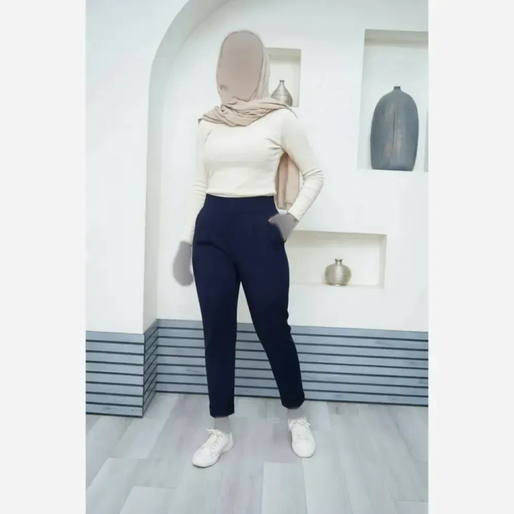 شلوار مام استایل زنانه جنس شانتون درجه یک رنگ نسکافه ای و سورمه ای سایز 40 تا 46