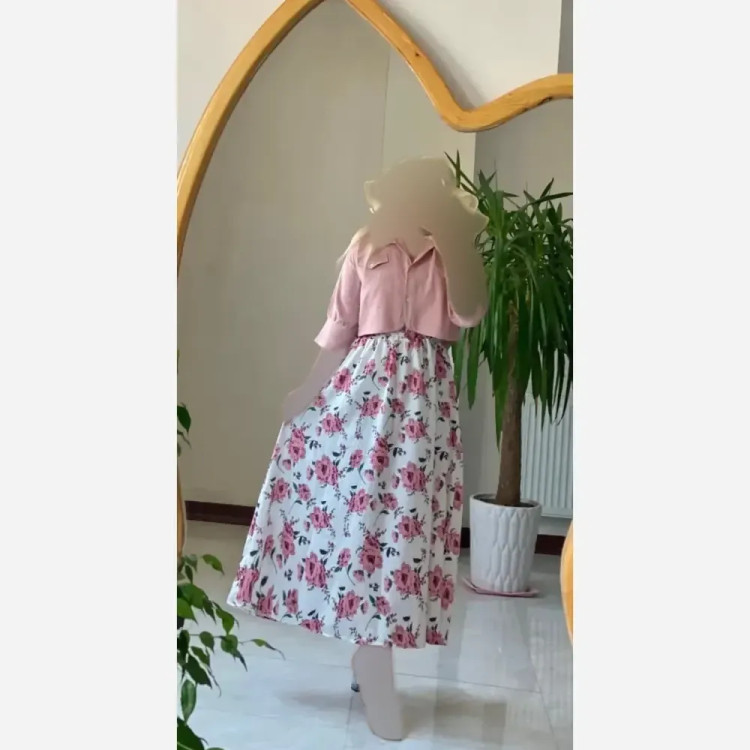 ست کت و سارافون زنانه مدل سودا جنس شانتون کریشه طرحدار و ابروبادی رنگ صورتی فری سایز