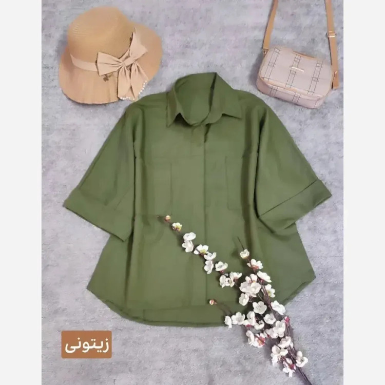 شومیز باکسی زنانه جنس لینن و داکرون فری سایز با دکمه مخفی و جیب کاربردی