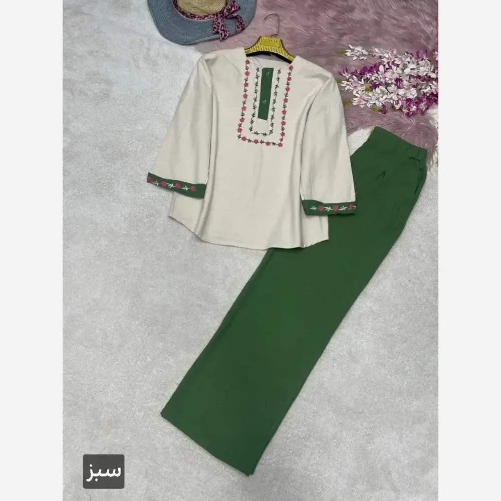 ست شومیز و شلوار گلدوزی لاوین جنس لنین و صوفیا فری سایز 38 تا 46