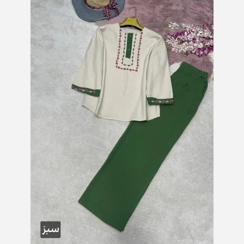 ست شومیز و شلوار گلدوزی لاوین جنس لنین و صوفیا فری سایز 38 تا 46