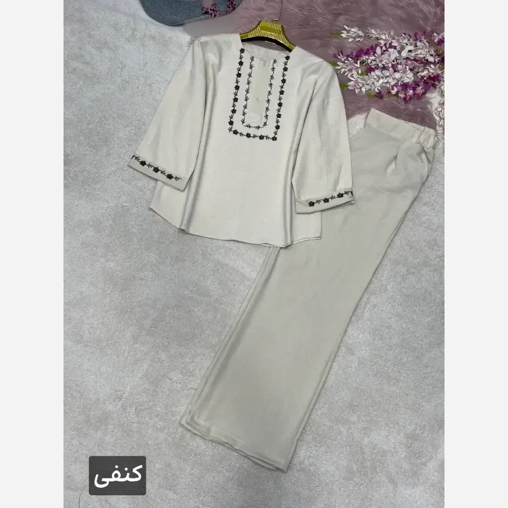 ست شومیز و شلوار گلدوزی لاوین جنس لنین و صوفیا فری سایز 38 تا 46