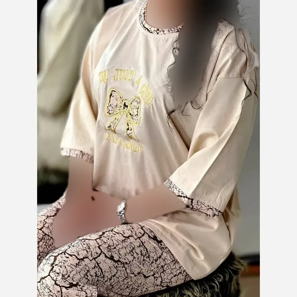 ست تیشرت و شلوار زنانه طرح گوچی پاپیون جنس گلکسی پنبه سایز فری 38 تا 48