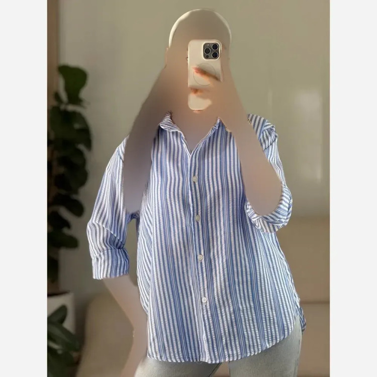 شومیز لینن راه راه زنانه مدل لامیا آستین مچ دار فری سایز
