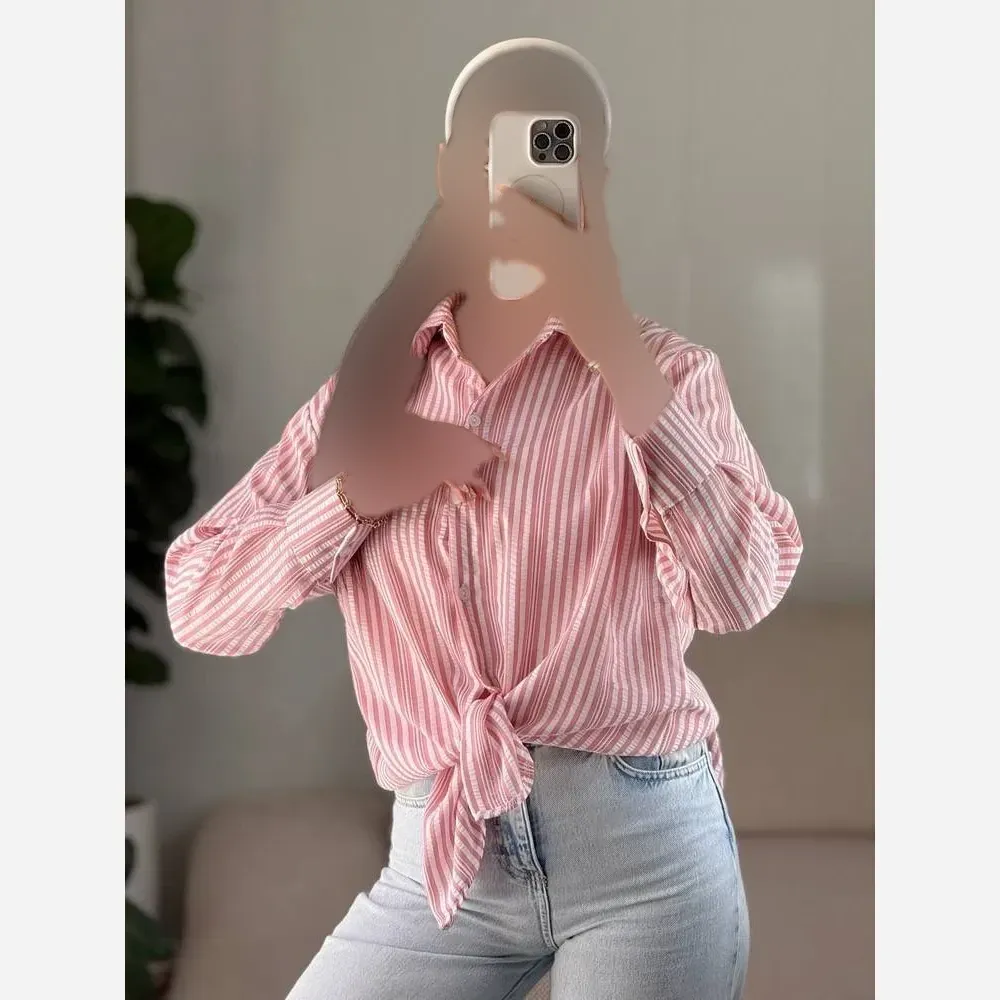 شومیز لینن راه راه زنانه مدل لامیا آستین مچ دار فری سایز