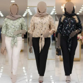 شومیز زنانه گره ای طرح برگی جنس شانتون فری سایز